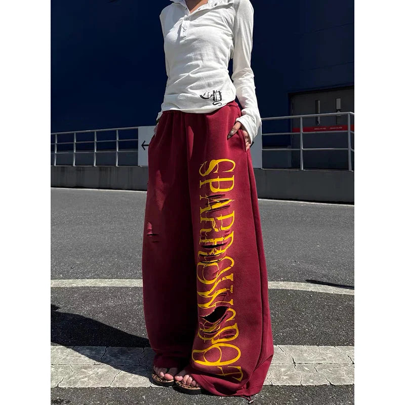 Red Baggy Letter Print Ripped Sweatpants Oversize Dance Pants Harajuku Vintage Y2k Wide Trousers