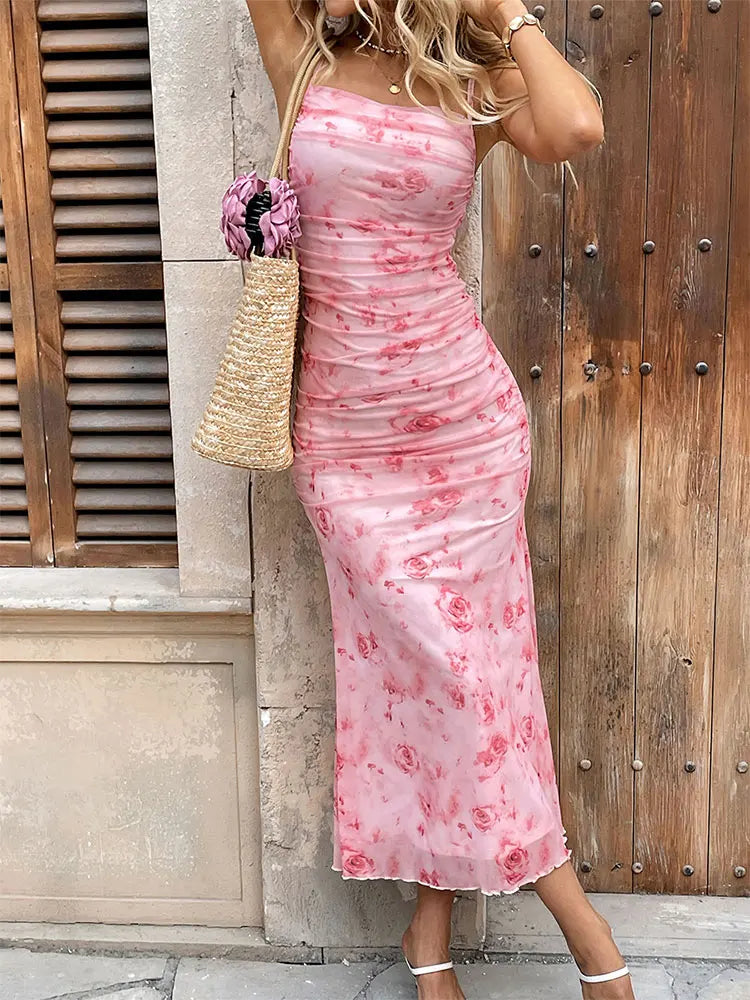 Mesh Dresses Streetwear Casual Slim Print Maxi Dress Pink Sling Knitted Dresses Clothing