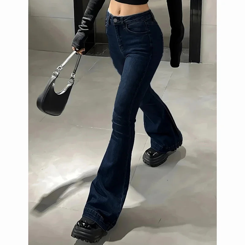 Girls Concise Ins High Waist Flared Jeans Stretchy Bootcut Denim Pants Solid Color Thin Bell Bottoms Trousers