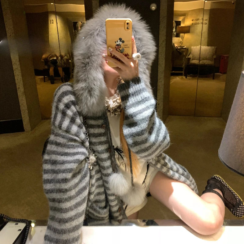 Harajuku Long Sleeve Hooded Cardigan Knit Casual Sweet Striped Sweater Pure Color Faux Fur Collar Streetwear