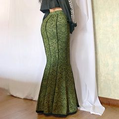 Vintage Elegant Green Trumpet Long Skirt Graphic Printed Lace Trim Y2K High Waist Skirt 2000s Aesthetic