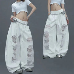 Street White Patchwork Ripped Pants Hiphop Lace Hollow Out Sheer Wide Leg Pants American Vintage Loose Casual Lazy Jazz Trousers