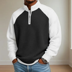 Casuals Sweatshirt Vintage Patchwork Waffle Plaid Textured Pullovers Stand Collar Zipper Jumper