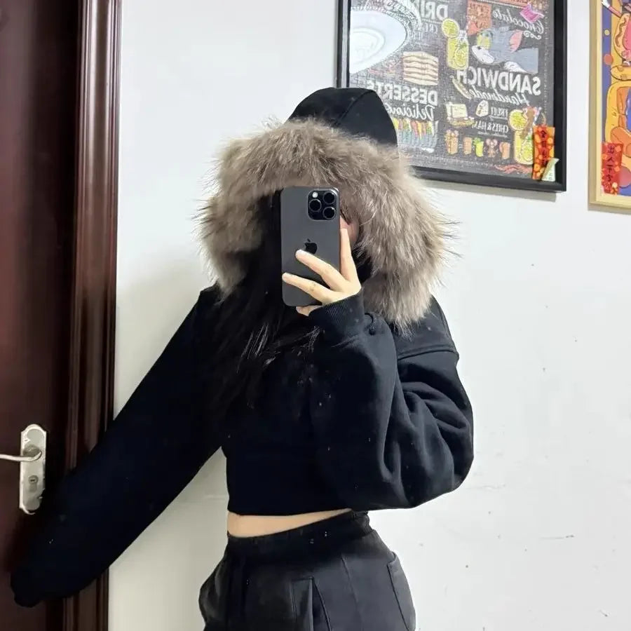 Black Fur Collar Zipper Sweatshirt Simple Furry Collar Zipper Hooded Sweatshirt Vintage Y2k Zipper Hooded Sweatshirt