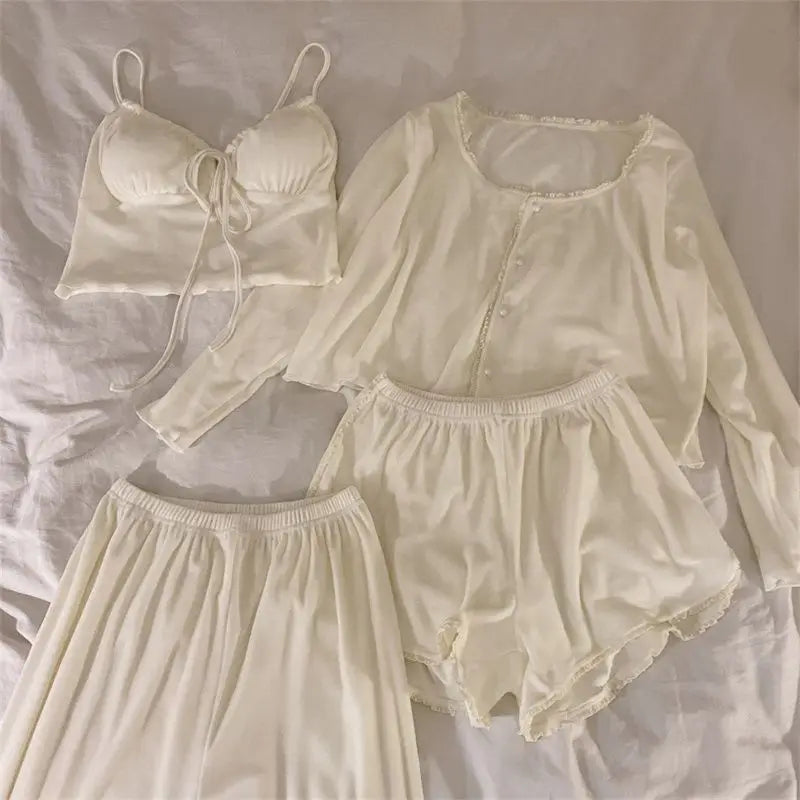 Solid Color Pajamas Sets Outfit Strap Top Long Short Pants Sleepwear Suit Girl Comfotable Home Clothing XXL