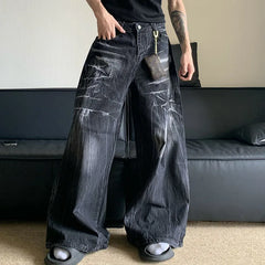 Korean Vintage Jeans Lightning Pattern Design Loose Straight Leg Pants Casual Black Pants