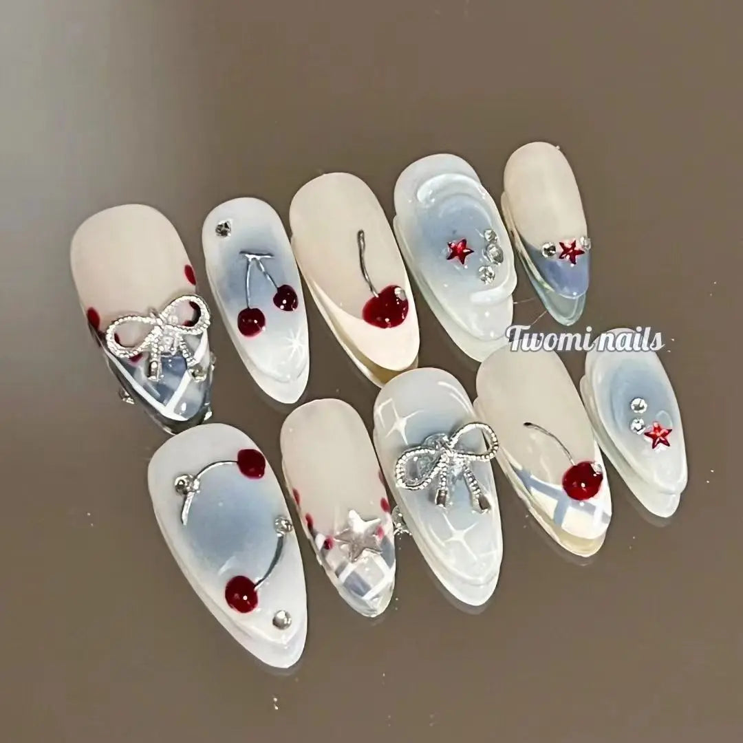10Pcs Handmade Press on Nails French Almond Full Cover Cherries