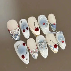10Pcs Handmade Press on Nails French Almond Full Cover Cherries