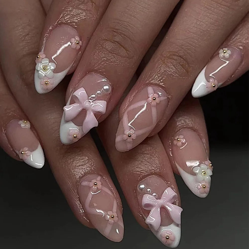 24Pcs Brown Plaid Press on Nails French Bow False Nail Medium Almond Atmosphere Wearable Nail