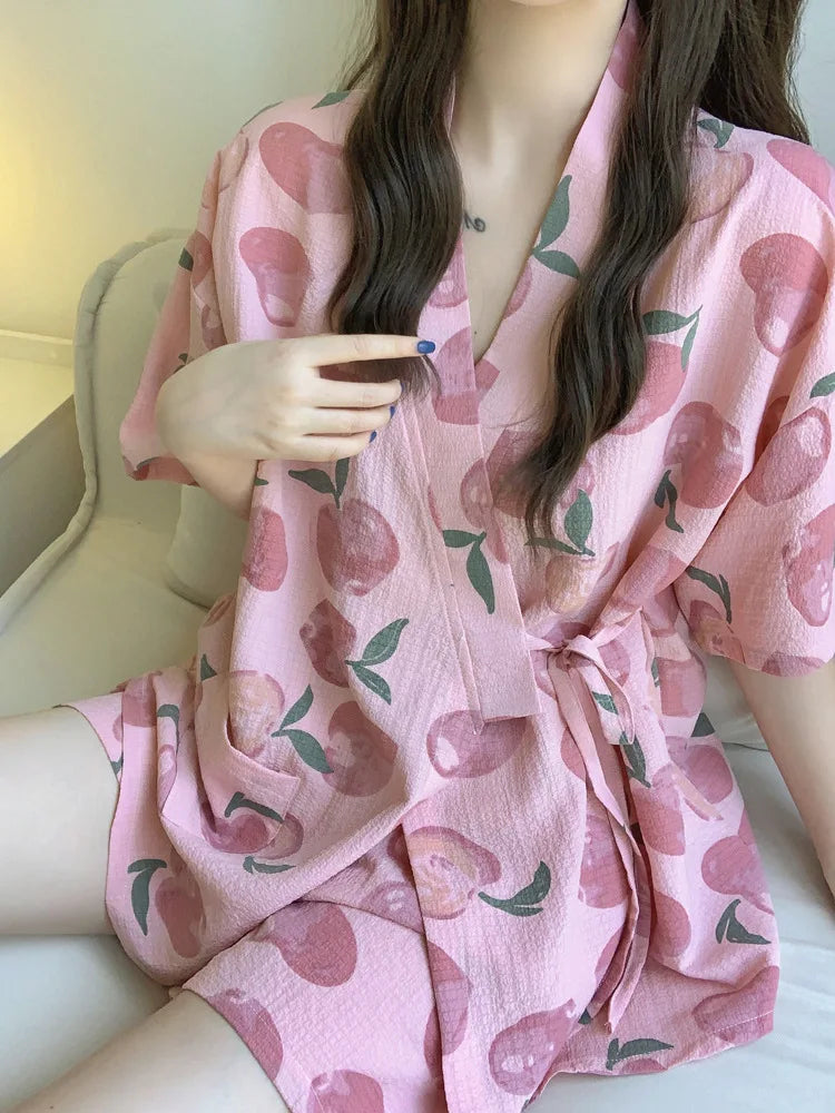 Nightwear Loungewear Kimono Pajamas Student Short Sleeves Shorts Peach Print Tops