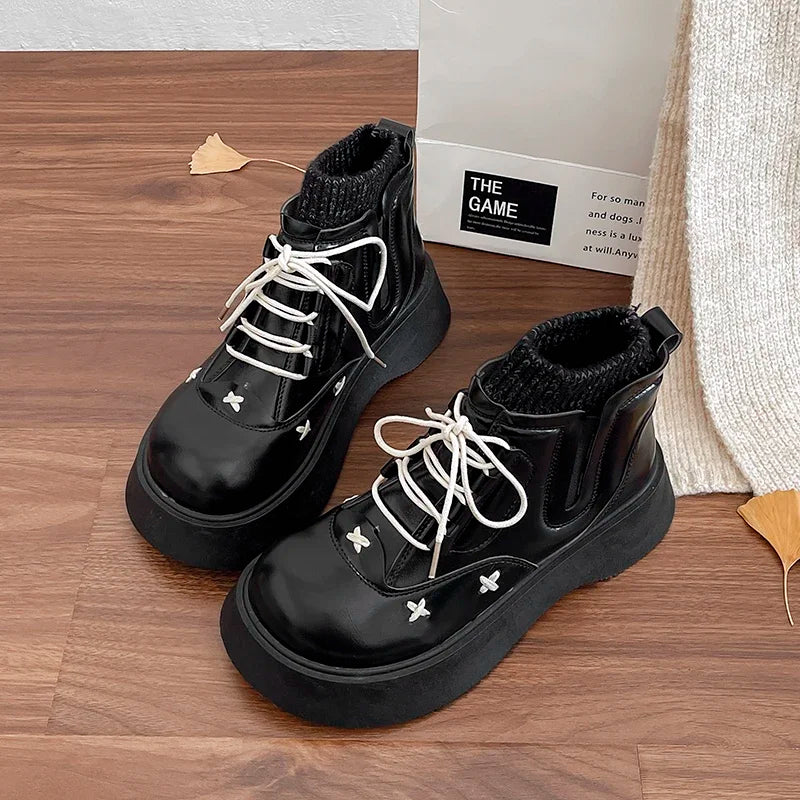 Platform Ankle Boots Elegant Lolita Style Ladies Causal Boots Simple Versatile Leather Boots Women