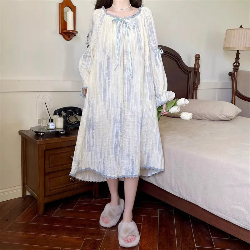 Pajamas Dress Princess Style Sweet Long Sleeve Nightdress Round Neck Wide Striped Bow Cute Girly Midi Dress Night Wear