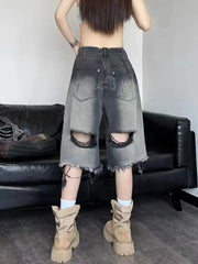 American High Street Washed Gradient Ripped Retro Old Size Denim Loose Shorts baggy jeans women