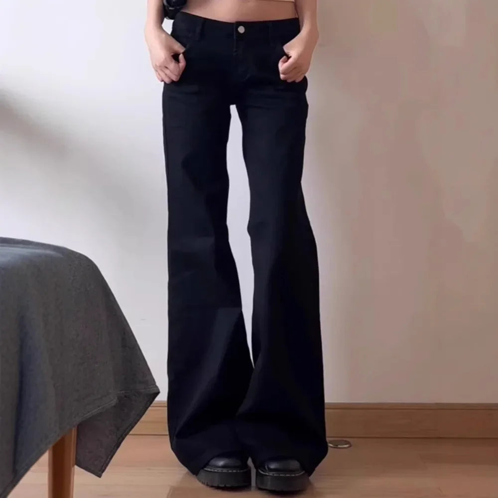 Plus Size American Style Spicy Girl Black Low Waist Wide Leg Micro Flared Jeans Early Loose Fit Versatile Straigh