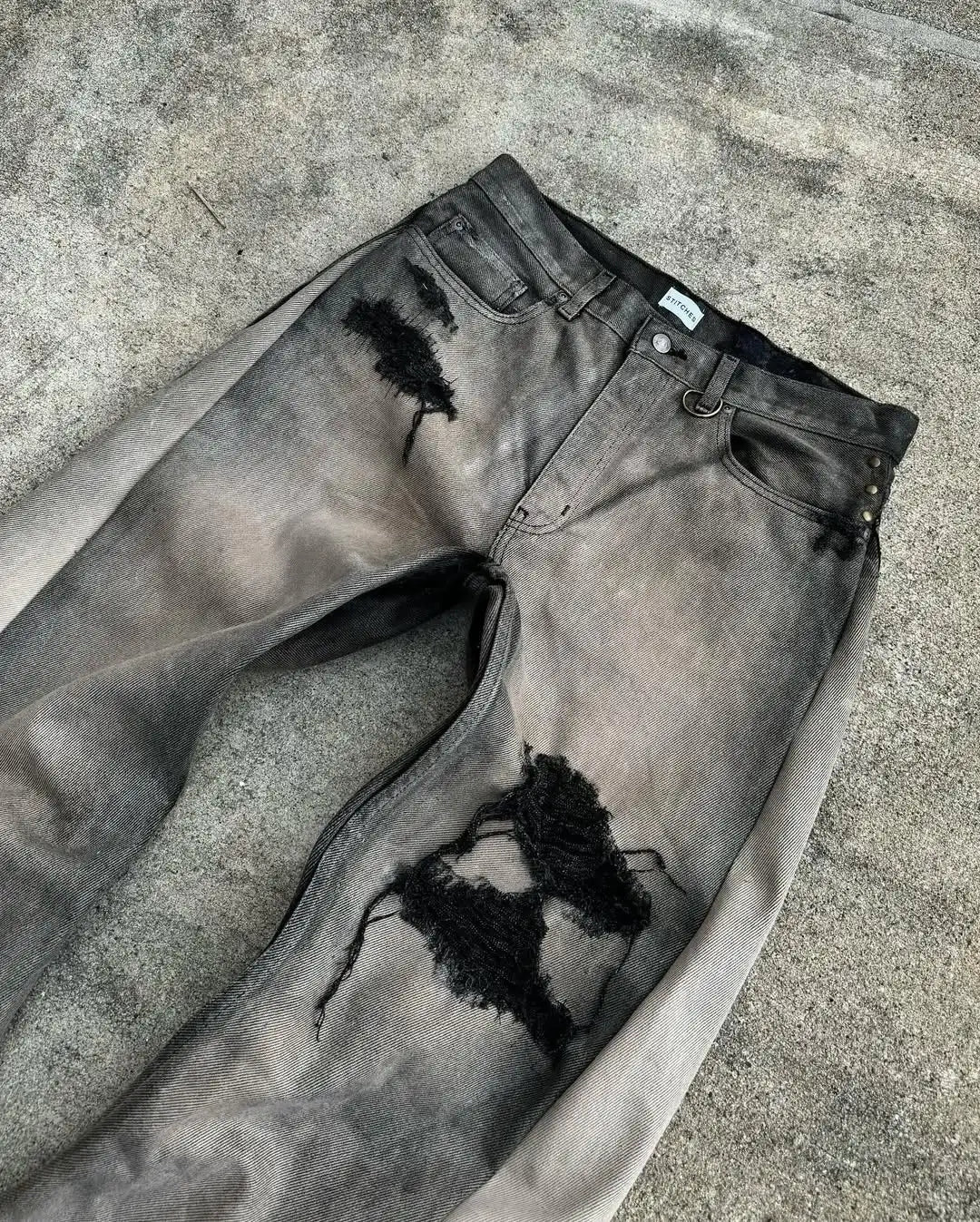 American Hip Hops Jeans High Waist Frayed Patchwork Embroidery Micro Flared Jeans Street Clothing Loose Floor Pants