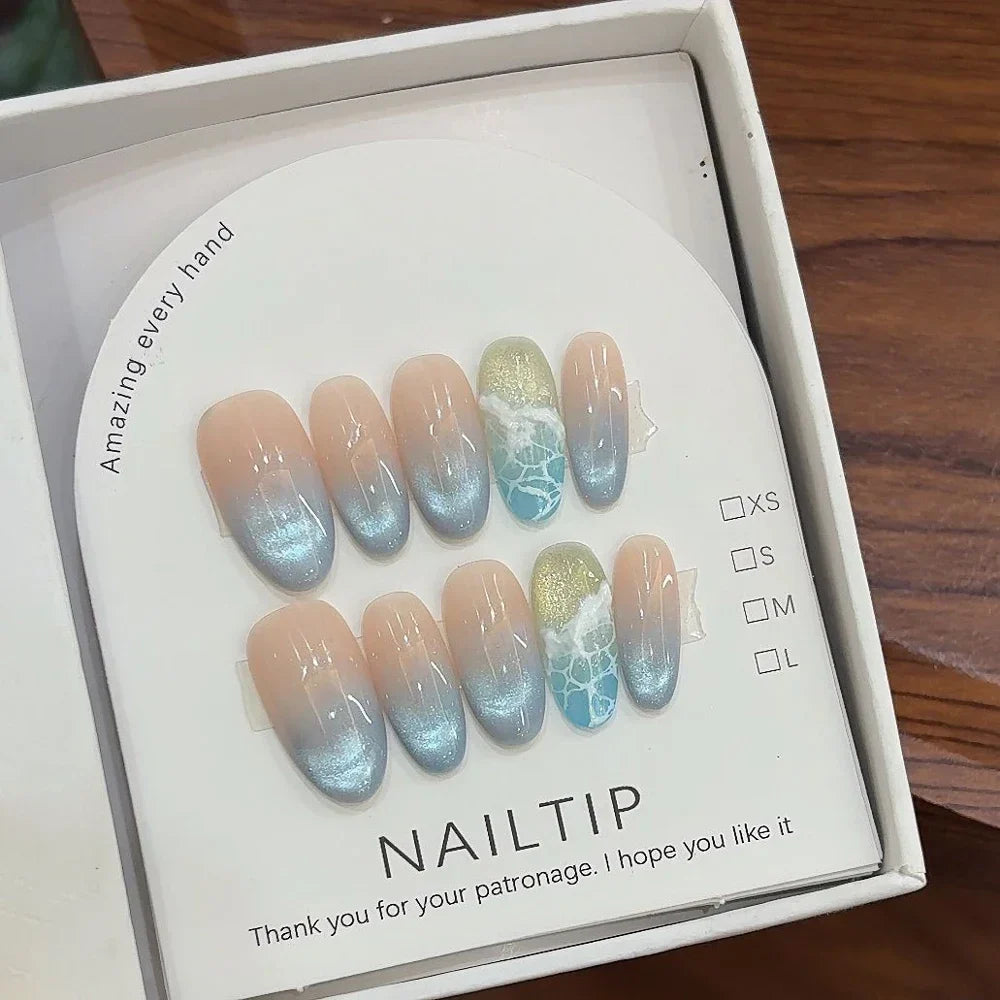 10Pcs Handmade Nude Color Press On Nails Sparkling Cat-Eye Cherry Star Marine Elements Sequins Cute Girlish Nail Suitable