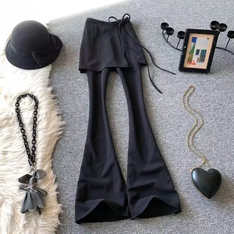 High Waist Casual Pants Yoga Butt Covering Skirt Elastic Slimming Drapey Suit Long Pants Black Two-Piece Set