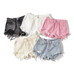 Shorts Denim Washed Jean High Waist Hole Spliced Slim Fit Jeans Casual Pockets Short Straight Pants
