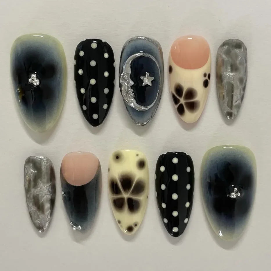 24pcs Smudging Flower Press On Nails Wave Point Designs French Style Almond False Nails Y2k Sweet Cool Fake Nail