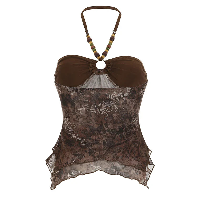 Retro Print Beading Halter Tanks Chic Trendy Slim Fit Spliced Blouses