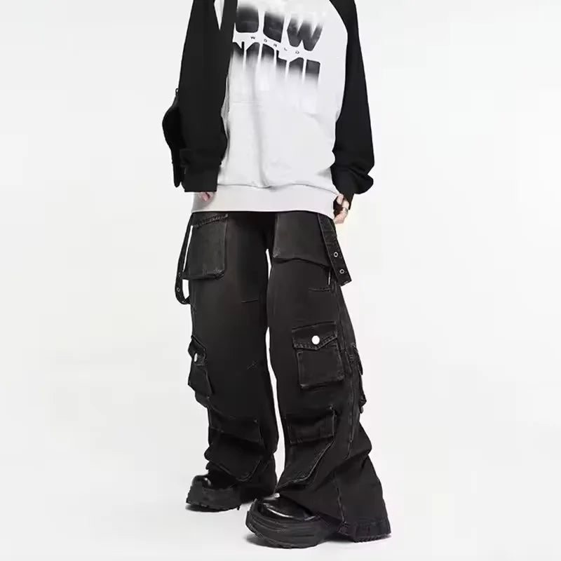 Y2K High Street Jeanss Multi-Pocket Hiphop Cargo Pants Vintage Straight Wide-Leg Denim Trousers Streetwear