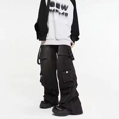 Y2K High Street Jeanss Multi-Pocket Hiphop Cargo Pants Vintage Straight Wide-Leg Denim Trousers Streetwear