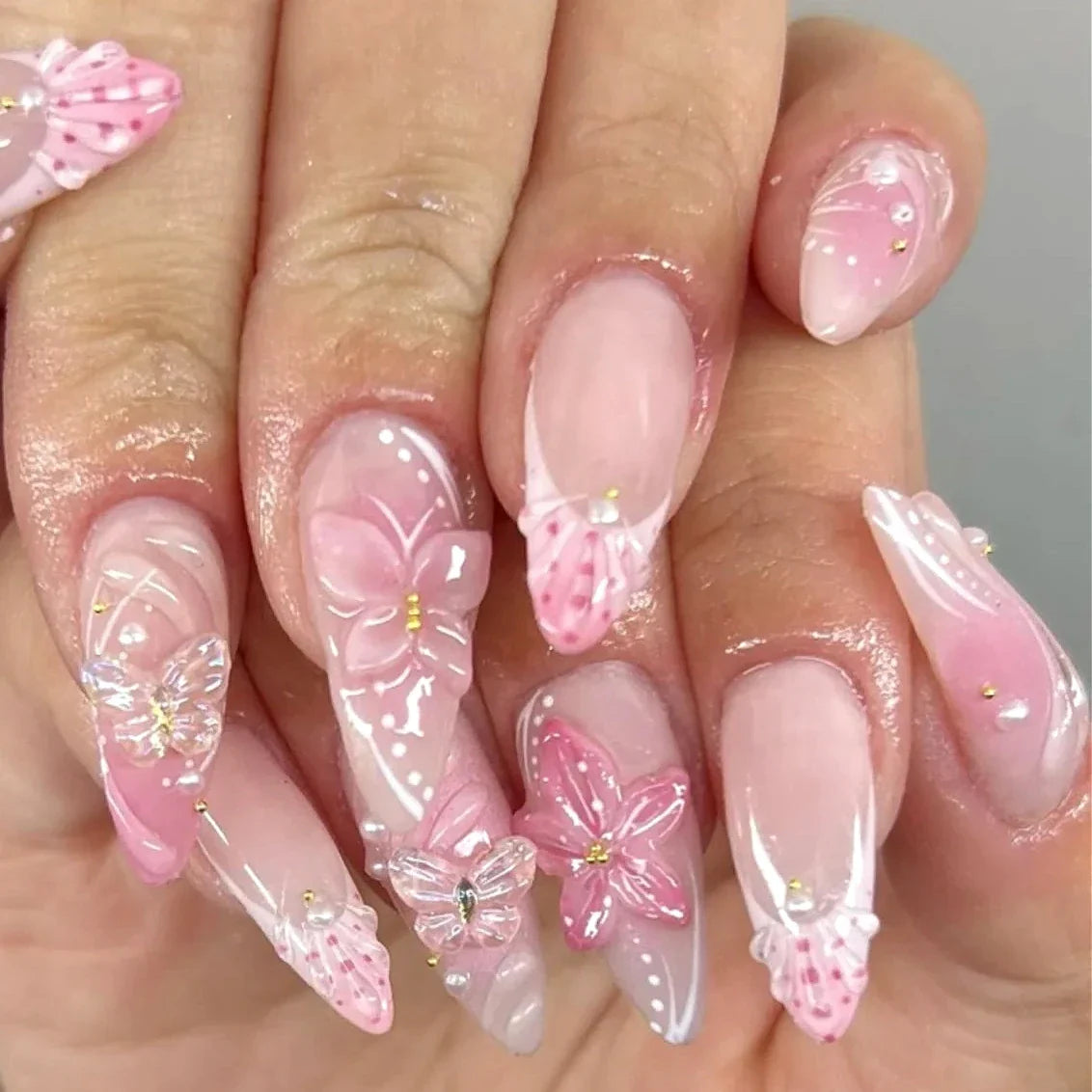 Pink Yellow Halo Dyeing Flower Water Ripple False Nails Leopard Long Pointed Fake Nails Art Press on Nails Charm Manicure