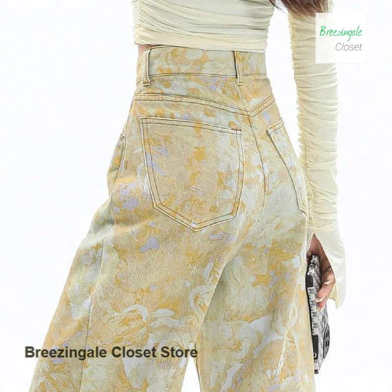 Retro yellow tie-dye printed dopamine jeans temperament high waist design loose Joker wide-leg pants.