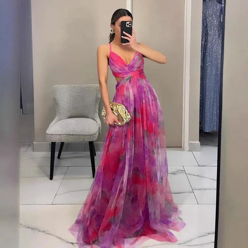 Elegant Print Pleated Mesh Evening Dress Off Shoulder Ins Vacation Long Dress V Neck High Waist Backless Sling Dress