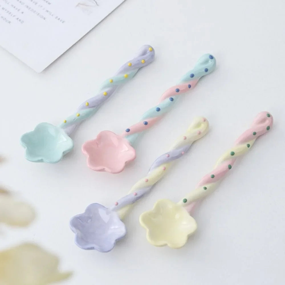 Ceramics Long Handled Spoon Instagram Style Household Stirring Spoon Hand Painted Flower Shaped Coffee Spoon