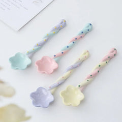 Ceramics Long Handled Spoon Instagram Style Household Stirring Spoon Hand Painted Flower Shaped Coffee Spoon