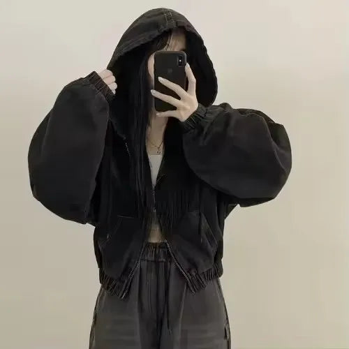 Short Denim Jacket Loose Long Sleeved Casual Fall Retro Zipper Design Hoodie Outerwear Versatile Outwear