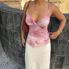 Vintage y2k Crop Tops Floral Print Boho Sleeveless Spaghetti Strap Mesh See Through Coquette Tanks Camis