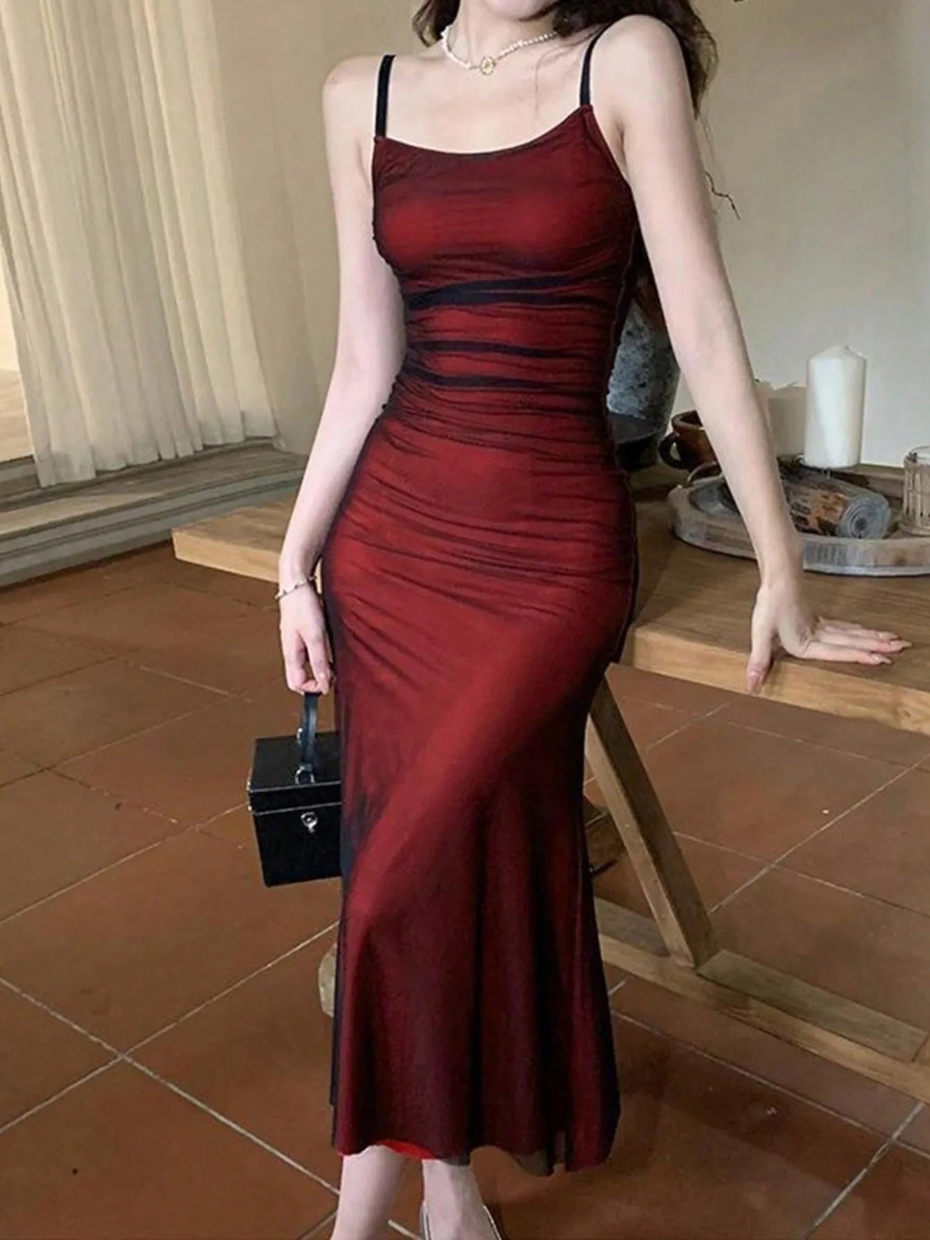 Dress Red Pasta with Straps Pleated Strappy Dress Slim