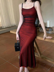 Dress Red Pasta with Straps Pleated Strappy Dress Slim