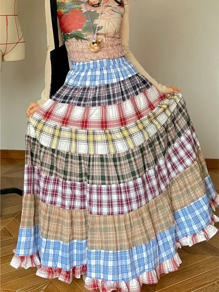Kawaii Vintage Cute Plaid A-line Skirt Design Chic Elastic Waist Patchwork Skirt Pretty Loose Skirt Y2k