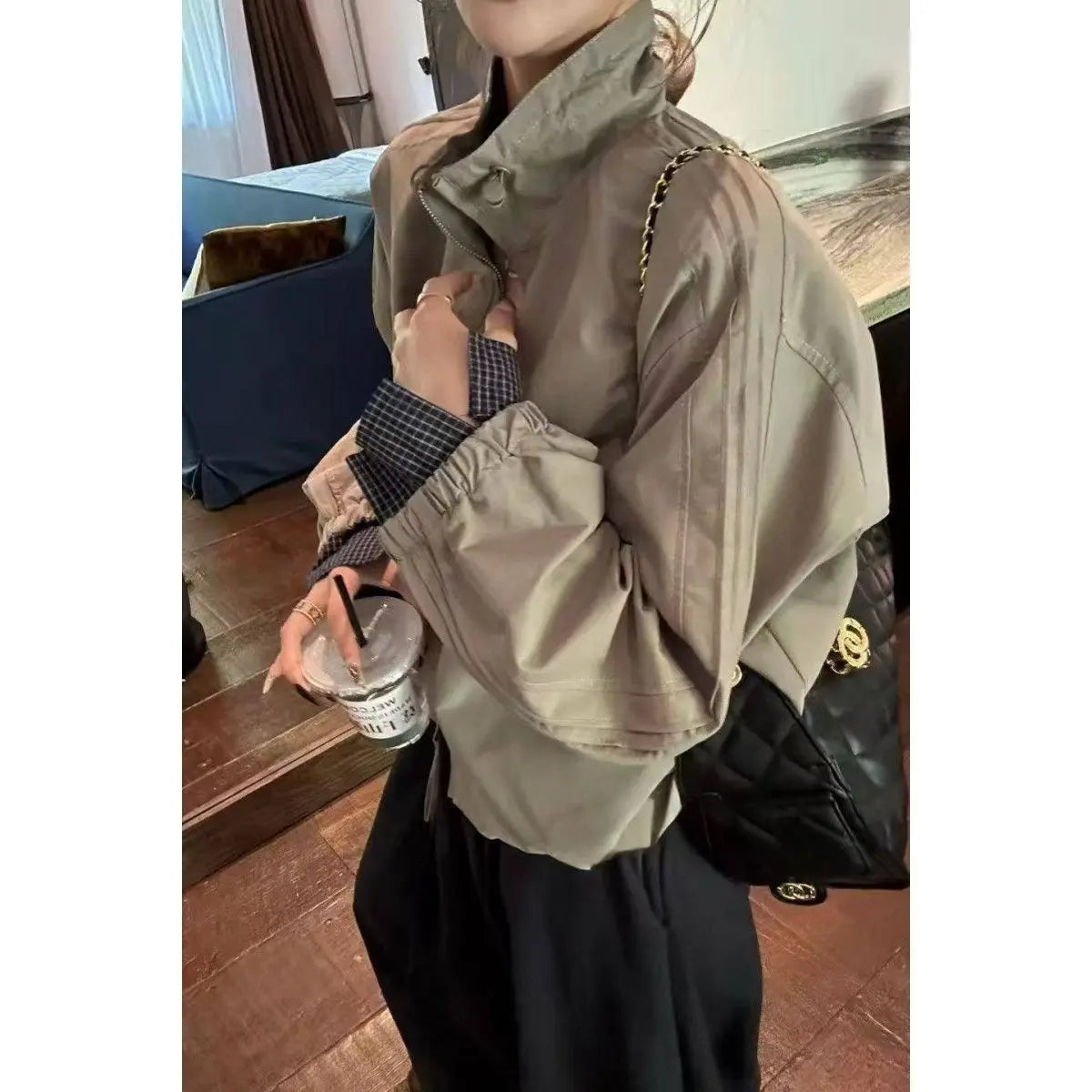 Plaid Bomber Jacket European Style Stand Collar Oversized Coat Y2K Casual Loose Fit Splicing Jacket Streetwear Outerwear