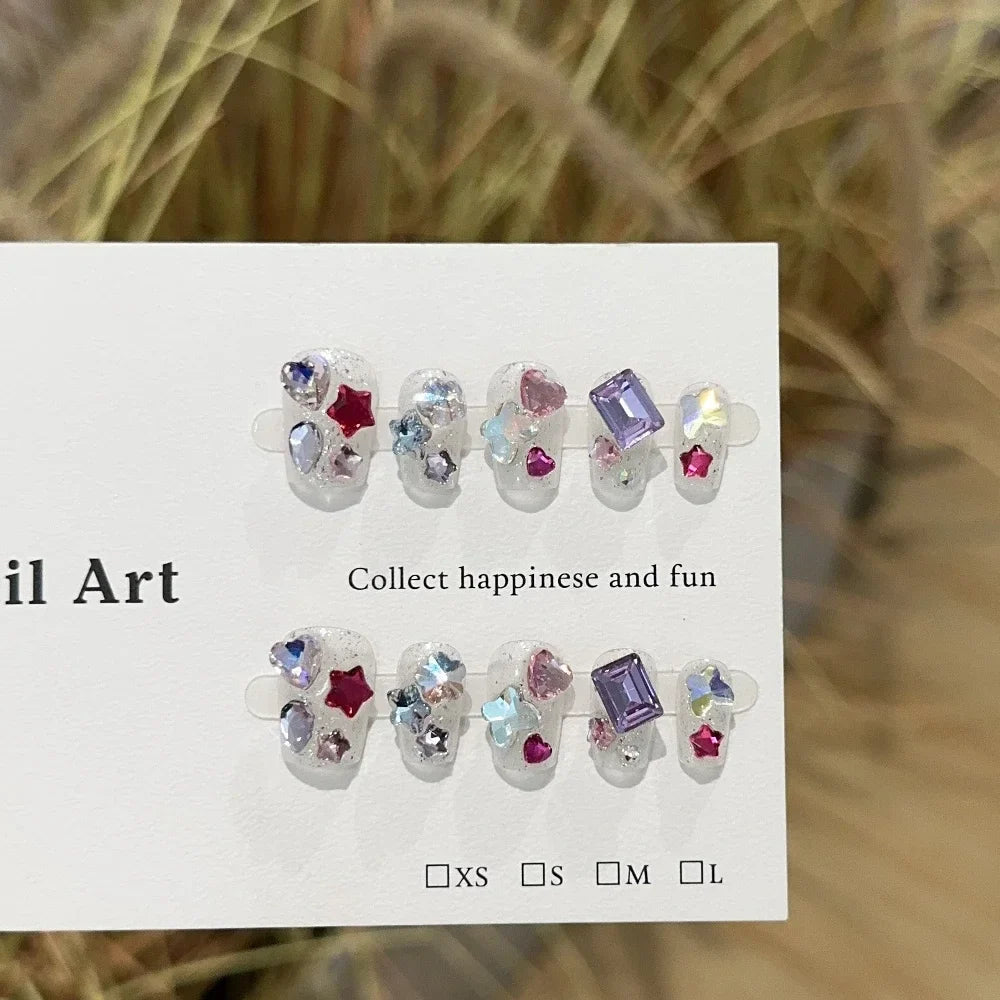 Sweet Lovely Cartoon Bear Long Coffin Stiletto Fake Nails Bowknot Pearl Diamond Flowers Cat Eyes Wearable Fake Nails