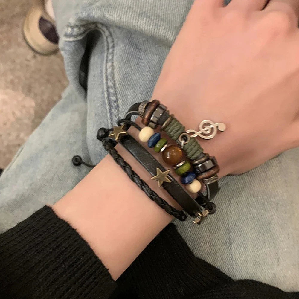 Handmade Hippie Design Brown Leather Bracelet Metal Star Note Charms Wood Button Beads Wrap Unisex Adjustable Bracelet