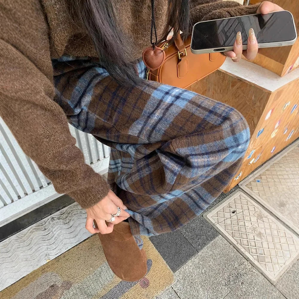 Blue Plaid Thickened Woolen Casual Pants Style Straight Leg Wide Leg Floor Length Trousers Trendy Long