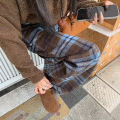 Blue Plaid Thickened Woolen Casual Pants Style Straight Leg Wide Leg Floor Length Trousers Trendy Long