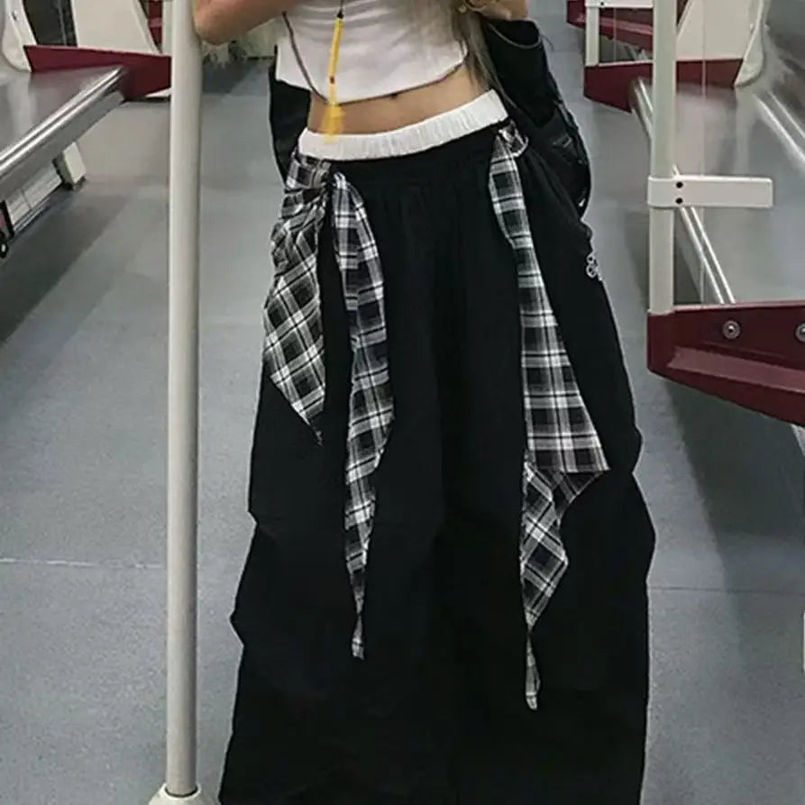 Y2K American Black Retro Hip-Hop Spliced Plaid Belt Girl Loose Casual High Waist Wide-Leg Quick-Drying Sweatpants
