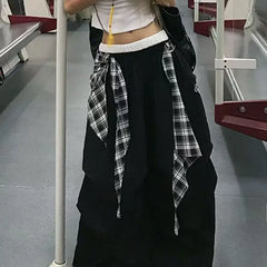 Y2K American Black Retro Hip-Hop Spliced Plaid Belt Girl Loose Casual High Waist Wide-Leg Quick-Drying Sweatpants