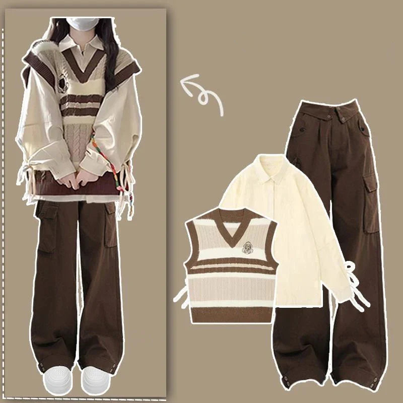 Preppy Style Knit Vest Bandage Shirts Wide Leg Pants Three Piece Set Lady Patchwork Tank Sweater Jeans Suits