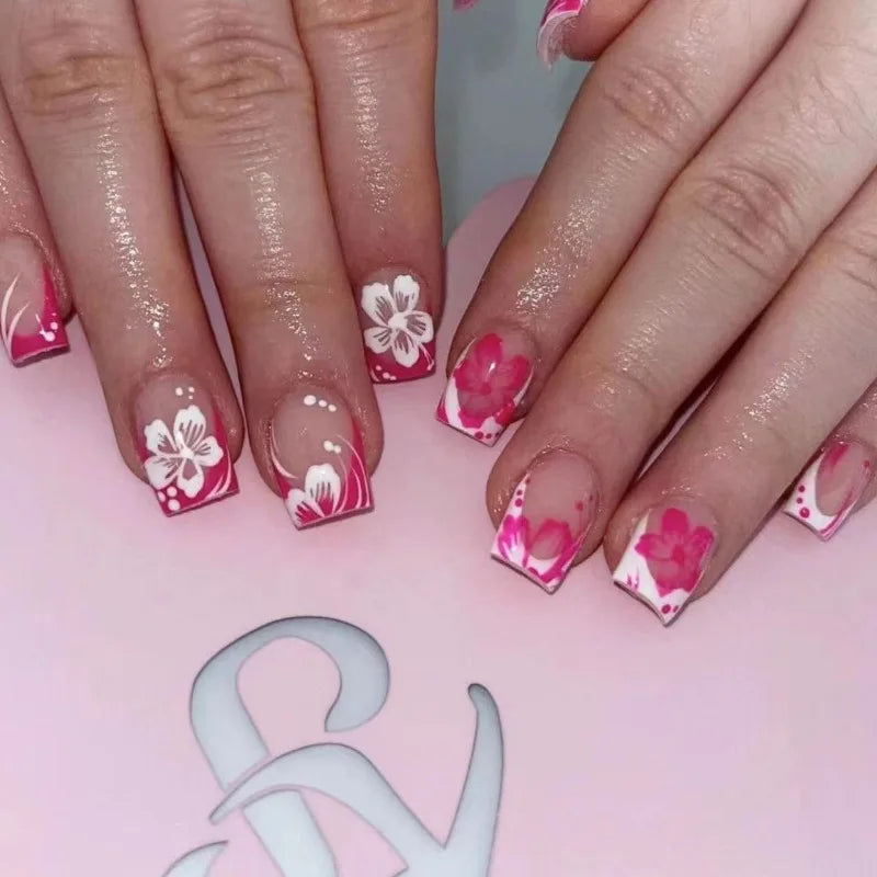 24Pcs Short Square French Nail Tips 3D Embossed Flower Decoration Removable Wearable Press on Nails