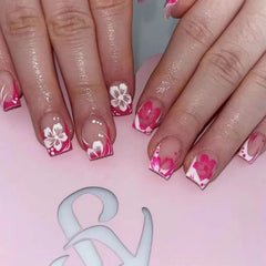 24Pcs Short Square French Nail Tips 3D Embossed Flower Decoration Removable Wearable Press on Nails