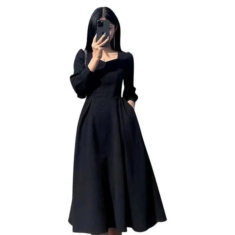 Early Long Dress Elegant French Hepburn Style Slimming Black Long Sleeve Dress Sale Of The Season