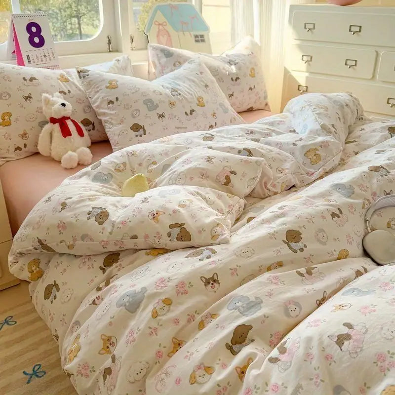 Floral Duvet Cover Set with Flat Sheet Pillowcase No Filler Girls Twin Full Queen Size Korean Soft Bedding Set
