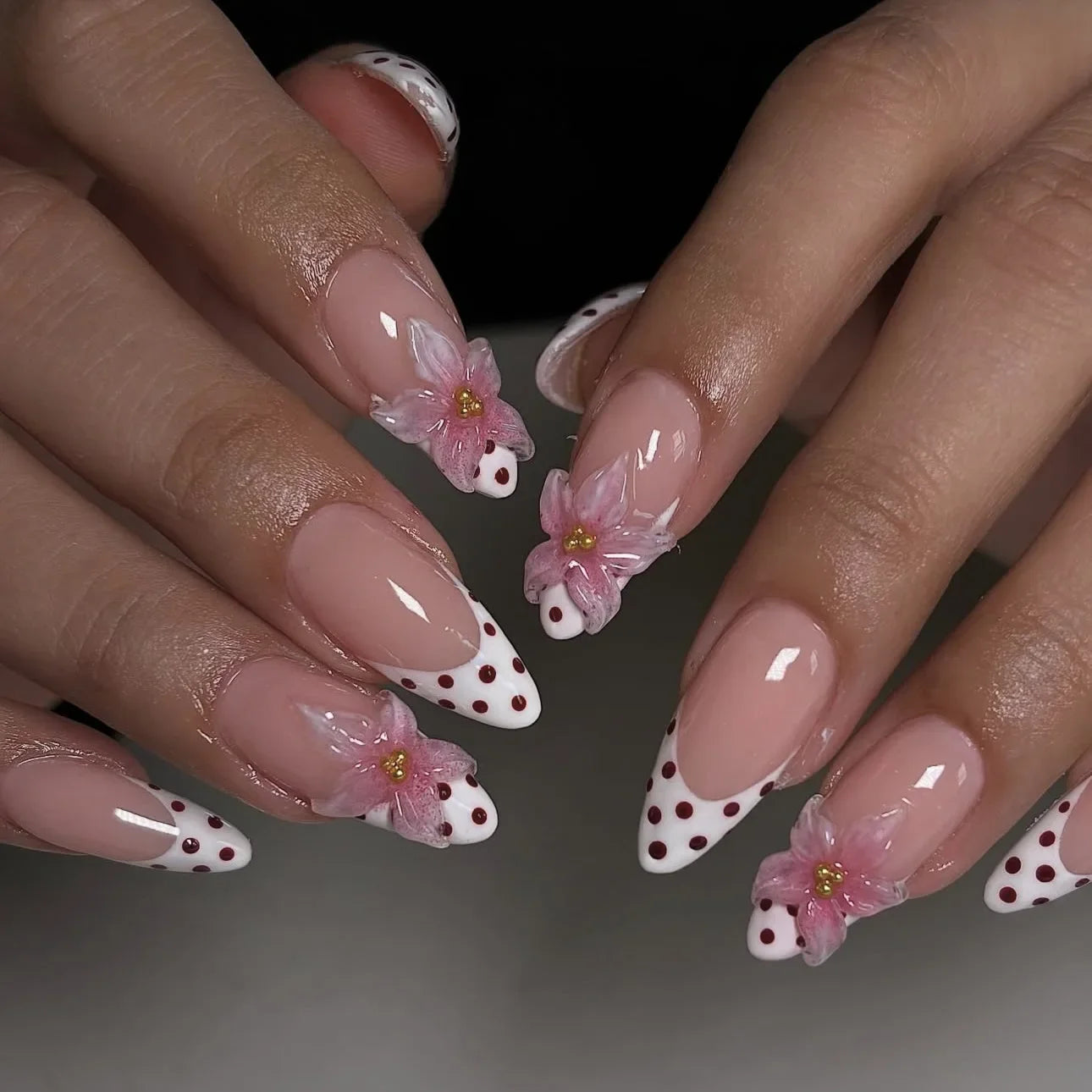 24PCS Simple Ins Dark Pink Blush 3D Flower Almond False Nails with Glue Leopard Print French Spice Girls Fake Nail Tips Press On