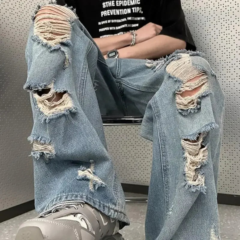 Vintage Distressed Straight-leg Jeans American Style Slimming Bell Bottoms Loose Fit High-waisted Thin Version